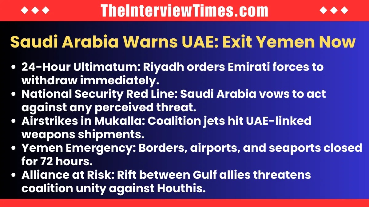 Saudi Arabia Issues National Security Warning, Demands UAE Forces Exit Yemen