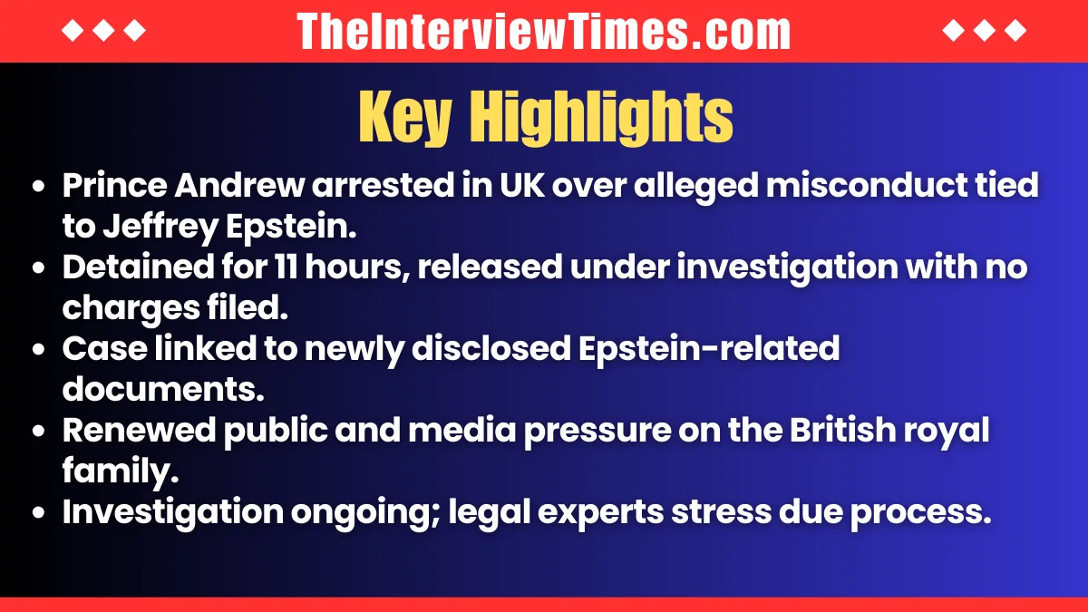 Prince Andrew Arrested Over Jeffrey Epstein Ties, Released Under Investigation