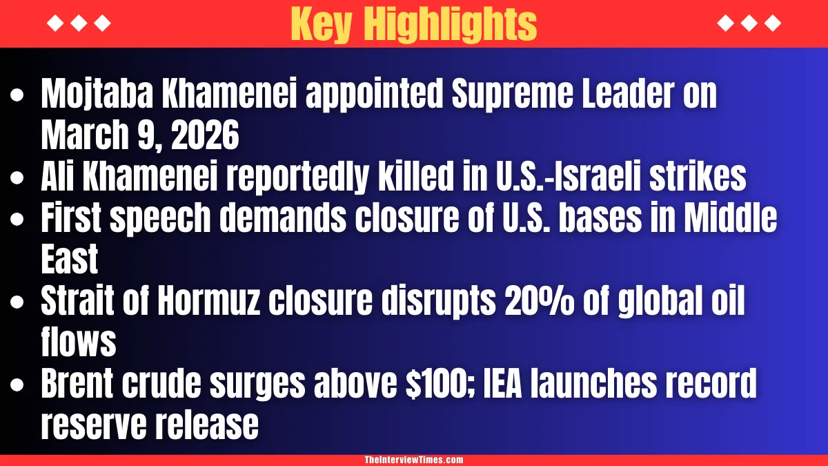 Mojtaba Khamenei new Iran Supreme Leader delivering first speech amid Strait of Hormuz oil crisis 2026